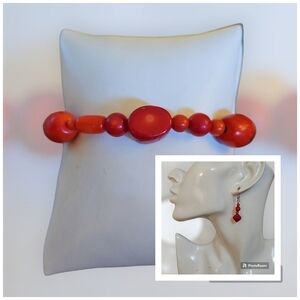 HANDMADE Tomato Red Coral Beaded Bracelet Dangle Hook Earrings Set